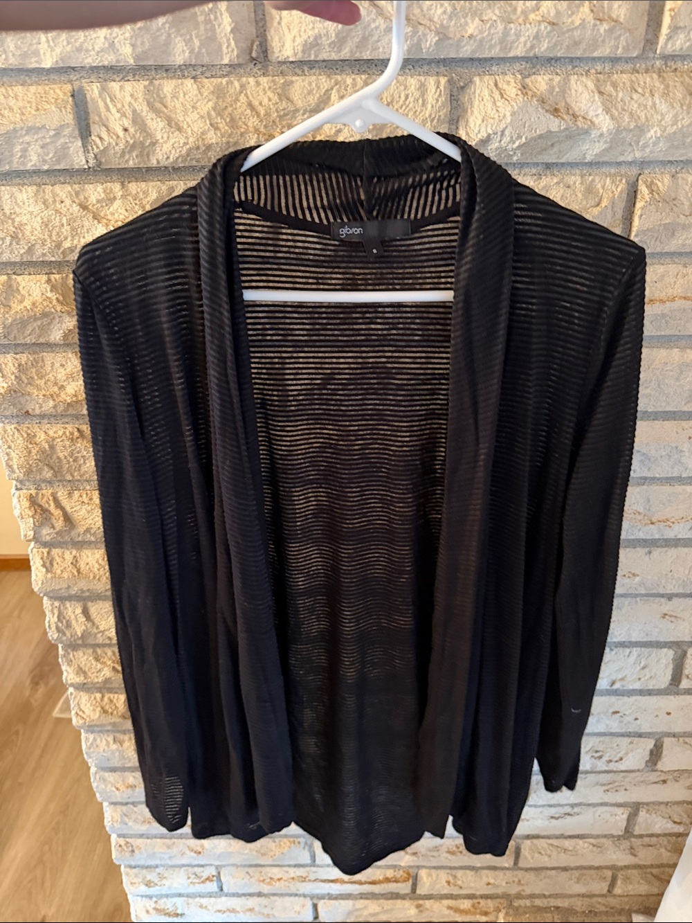 Gibson Black Sheer Stripe Open-Front Cardigan